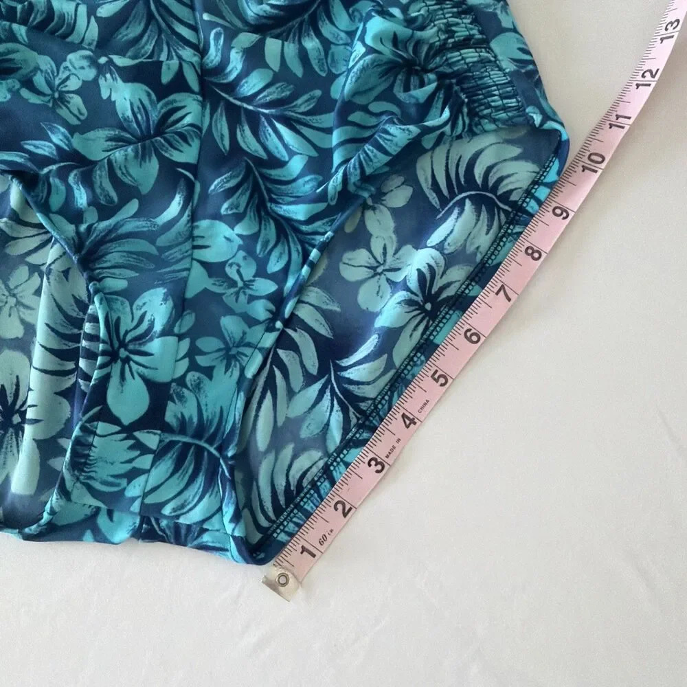 Vtg Maxine of Hollywood Sz 12 Blue Floral One Piece Swimsuit Ruched Tropical 90s